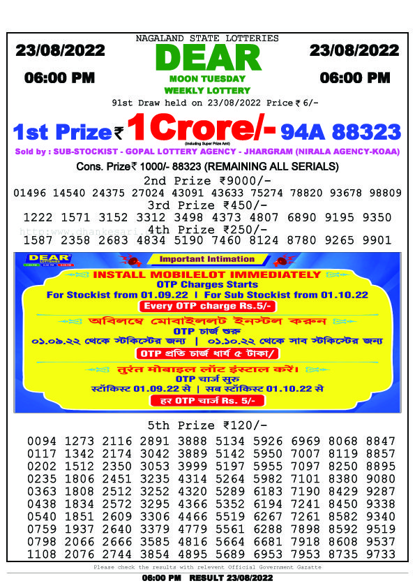 Dear Evening Lottery Sambad Result Today 23 August 6pm