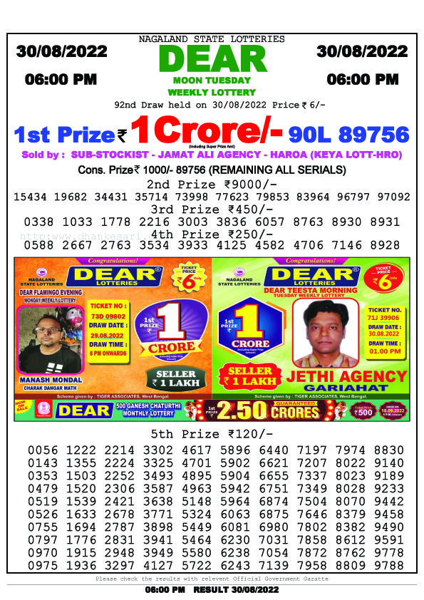 Dear Evening Lottery Sambad Result Today 30 August 6pm