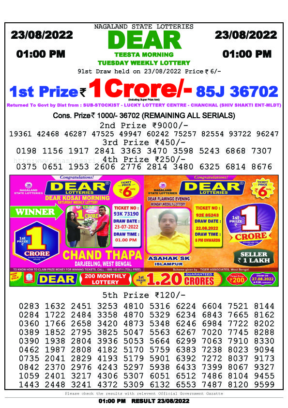 Dear Morning Lottery Sambad Result Today 23 August 1pm