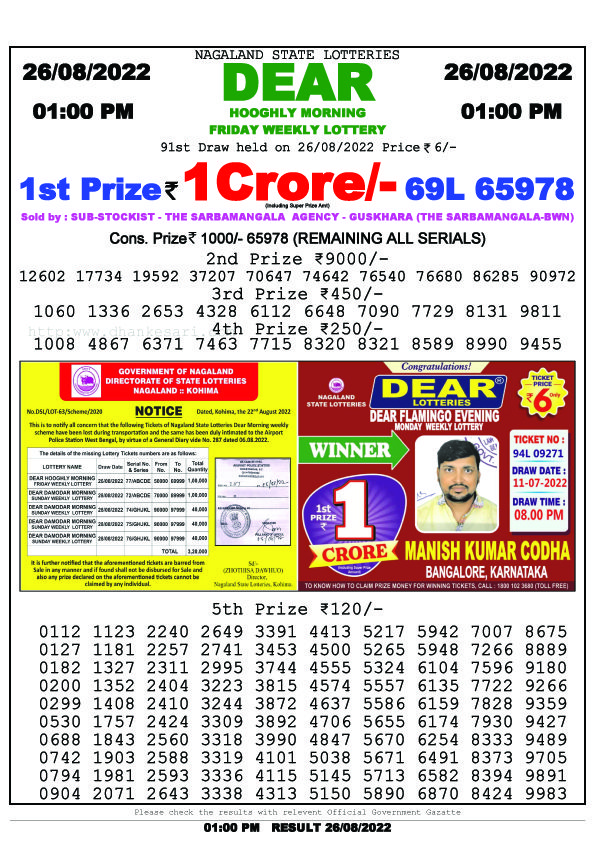 Dear Morning Lottery Sambad Result Today 26 August 1pm