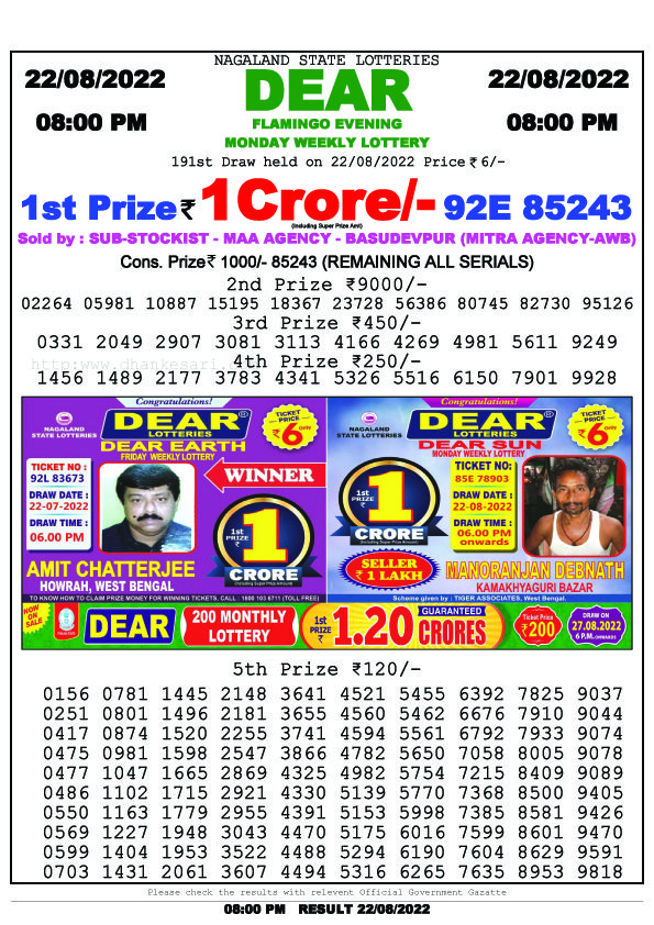 Dear Night Lottery Sambad Result Today 22 August 8pm