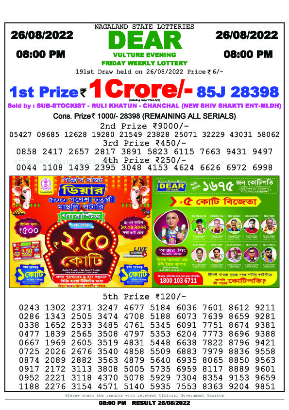 Dear Night Lottery Sambad Result Today 26 August 8pm