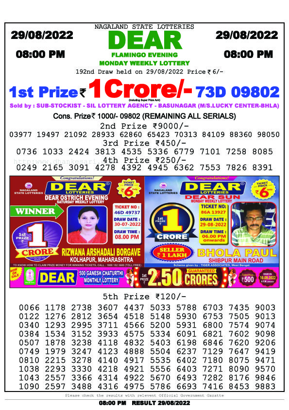 Dear Night Lottery Sambad Result Today 29 August 8pm