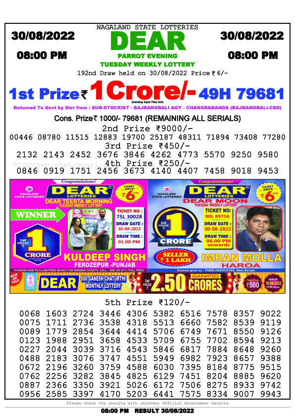 Dear Night Lottery Sambad Result Today 30 August 8pm