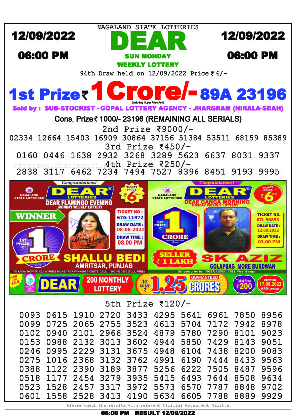 Dear Evening Lottery Sambad Result Today 12 September 6pm