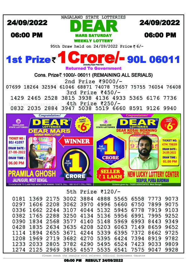 Dear Evening Lottery Sambad Result Today 24 September 6pm