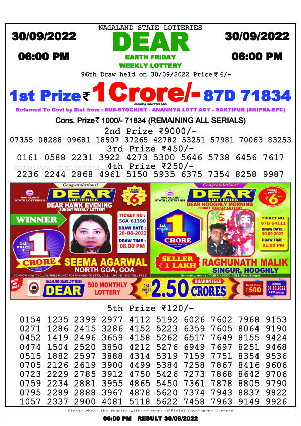 Dear Evening Lottery Sambad Result Today 30 September 6pm