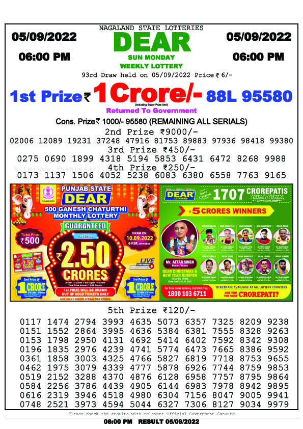 Dear Evening Lottery Sambad Result Today 5 September 6pm