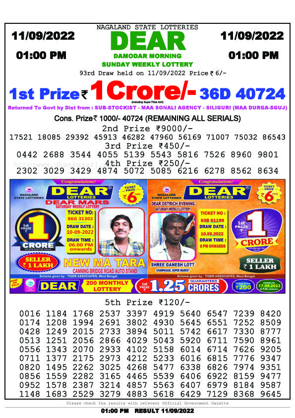 Dear Morning Lottery Sambad Result Today 11 September 1pm