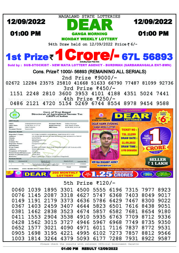 Dear Morning Lottery Sambad Result Today 12 September 1pm