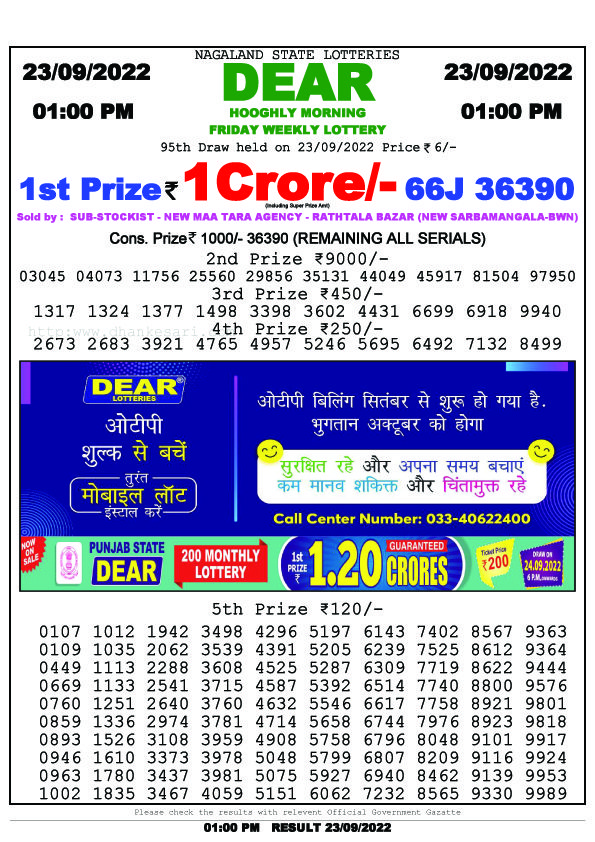 Dear Morning Lottery Sambad Result Today 23 September 1pm