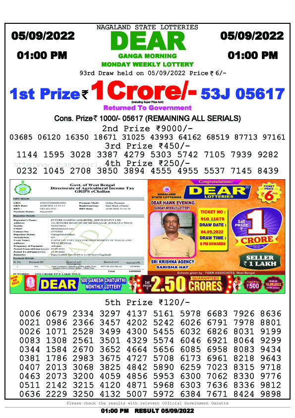 Dear Morning Lottery Sambad Result Today 5 September 1pm