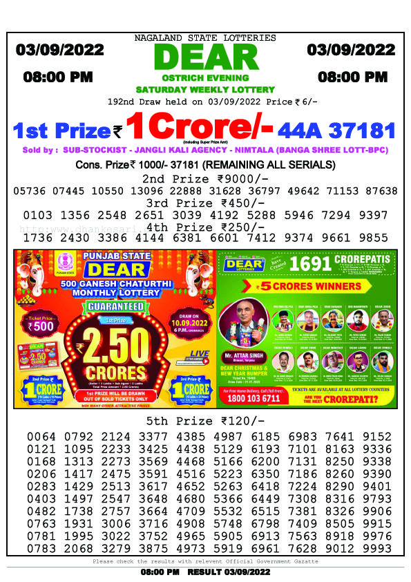 Dear Night Lottery Sambad Result Today 3 September 8pm