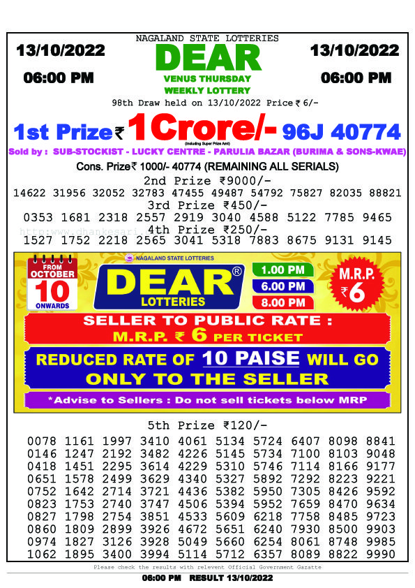 Dear Evening Lottery Sambad Result Today 13 October 6pm