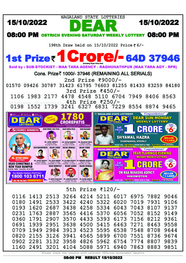 Dear Evening Lottery Sambad Result Today 15 October 6pm