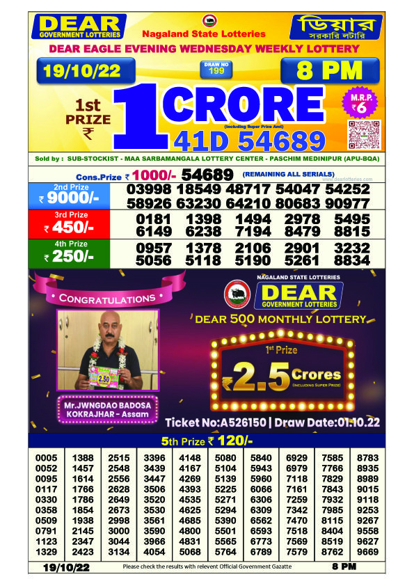 Dear Night Lottery Sambad Result Today 19 October 8pm