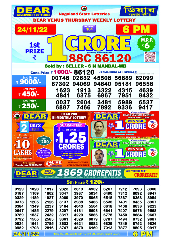 Dear Evening Lottery Sambad Result Today 24 November 6pm
