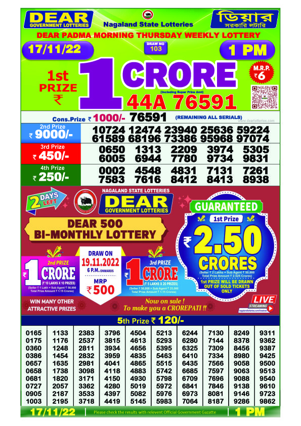 Dear Night Lottery Sambad Result Today 17 November 8pm