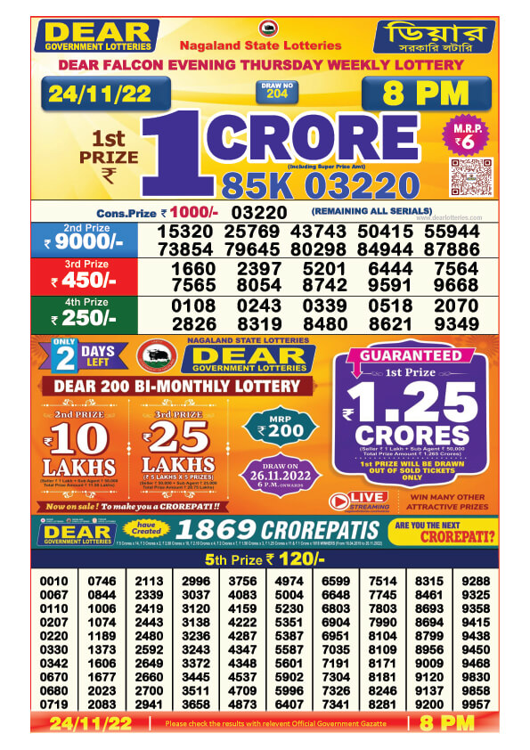 Dear Night Lottery Sambad Result Today 24 November 8pm