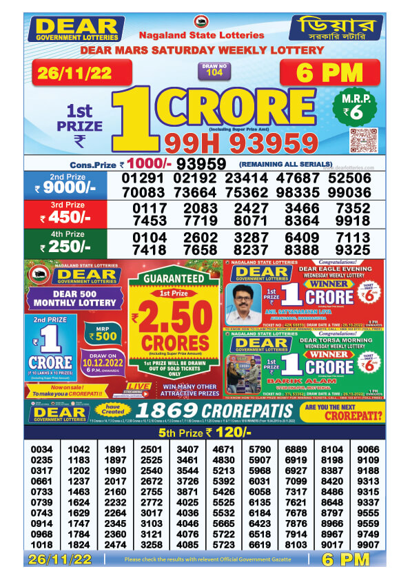 Dear Night Lottery Sambad Result Today 26 November 8pm