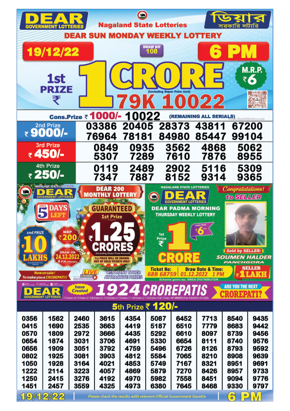 Dear Evening Lottery Sambad Result Today 19 December 6pm