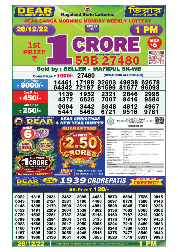 Dear Lottery Sambad Result Today 26 December 1pm