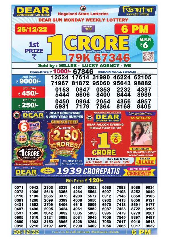 Dear Lottery Sambad Result Today 26 December 6pm