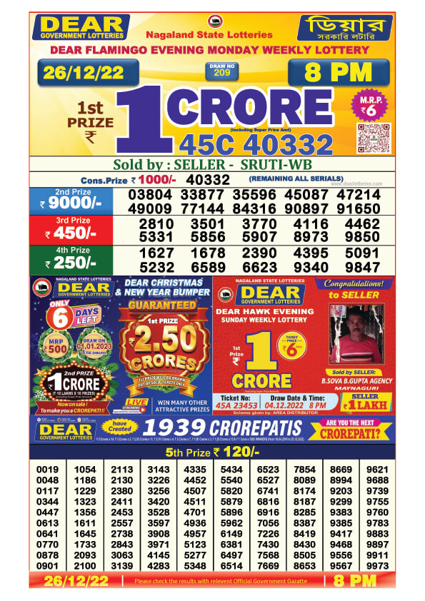 Dear Lottery Sambad Result Today 26 December 8pm