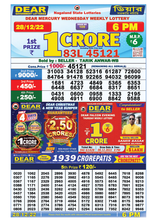 Dear Lottery Sambad Result Today 28 December 6pm
