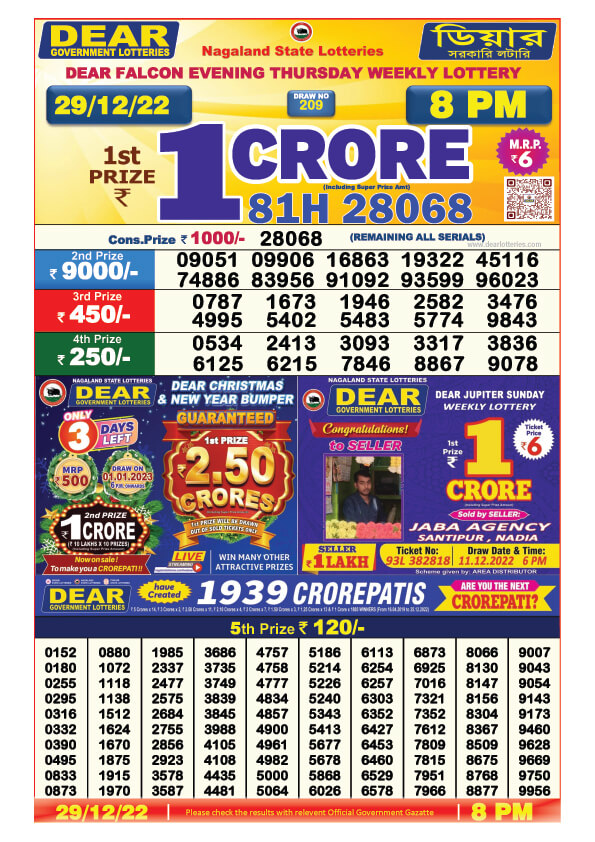 Dear Lottery Sambad Result Today 29 December 8pm