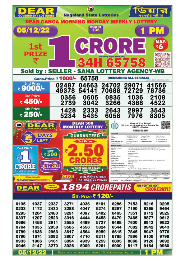 Dear Morning Lottery Sambad Result Today 5 December 1pm