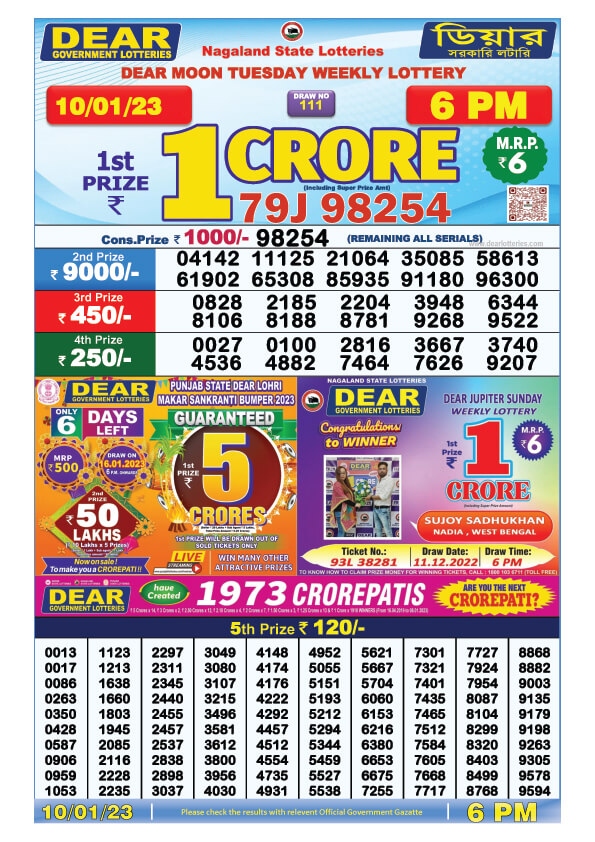 Dear Evening Lottery Sambad Result Today 10 January 6pm