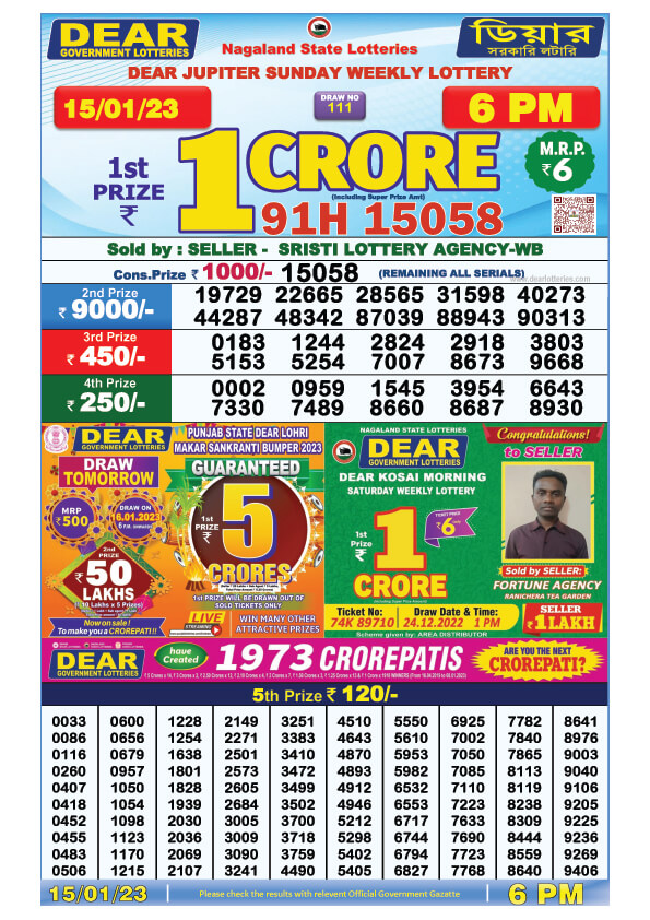 Dear Evening Lottery Sambad Result Today 15 January 6pm