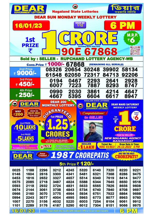 Dear Evening Lottery Sambad Result Today 16 January 6pm