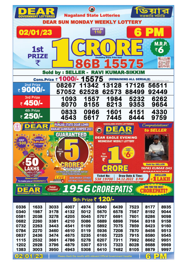 Dear Evening Lottery Sambad Result Today 2 January 6pm