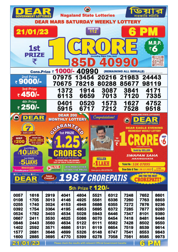 Dear Evening Lottery Sambad Result Today 21 January 6pm