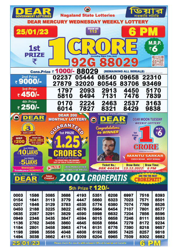 Dear Evening Lottery Sambad Result Today 25 January 6pm
