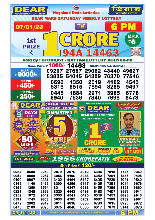 Dear Evening Lottery Sambad Result Today 7 January 6pm
