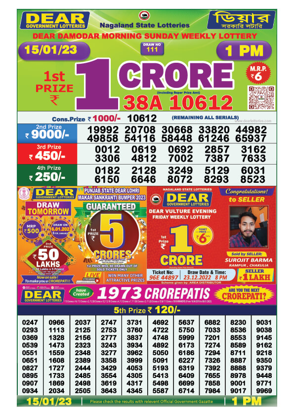 Dear Morning Lottery Sambad Result Today 15 January 1pm
