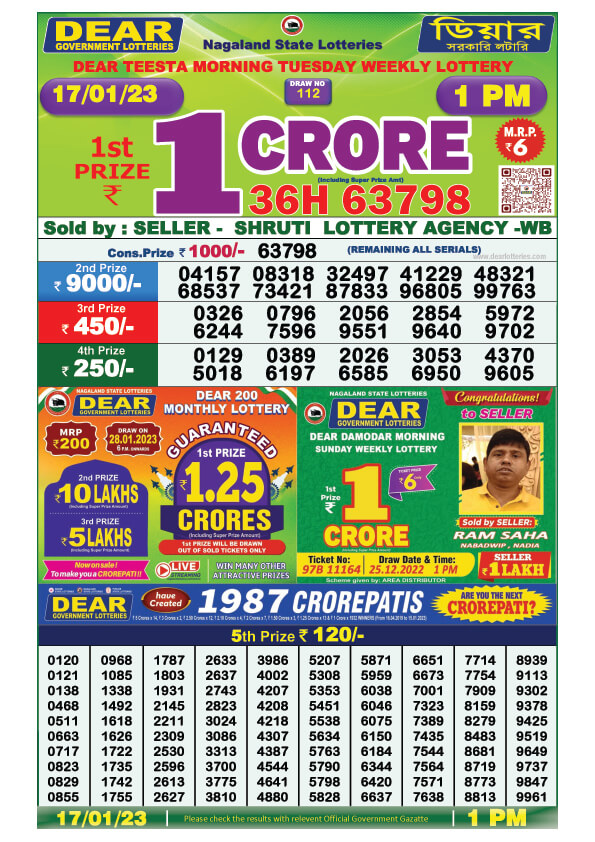 Dear Morning Lottery Sambad Result Today 17 January 1pm