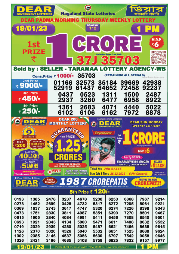 Dear Morning Lottery Sambad Result Today 19 January 1pm