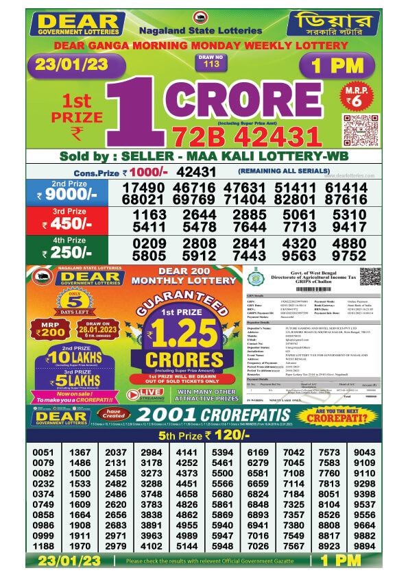 Dear Morning Lottery Sambad Result Today 23 January 1pm