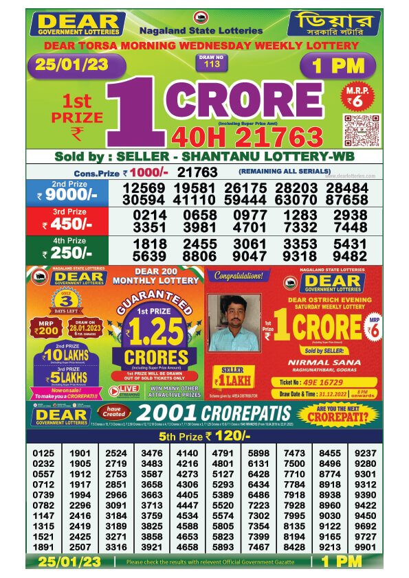 Dear Morning Lottery Sambad Result Today 25 January 1pm