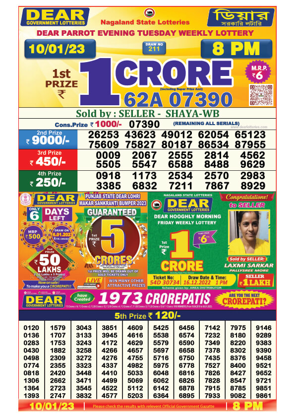 Dear Night Lottery Sambad Result Today 10 January 8pm