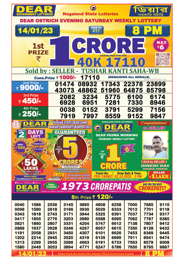 Dear Night Lottery Sambad Result Today 14 January 8pm