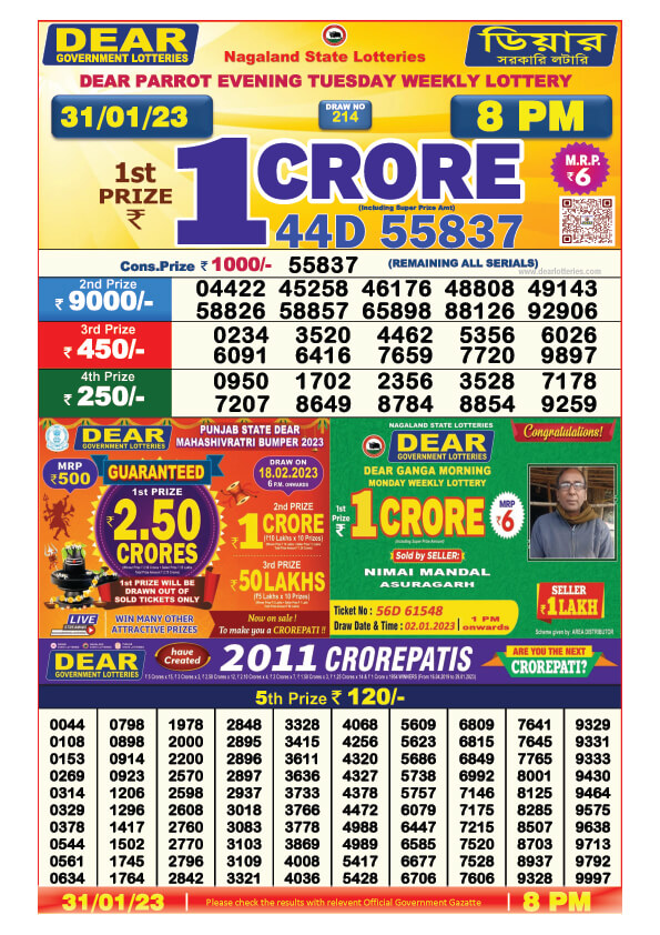 Dear Night Lottery Sambad Result Today 31 January 8pm