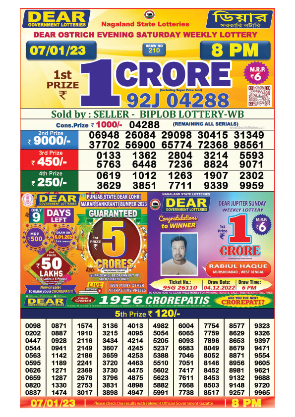 Dear Night Lottery Sambad Result Today 7 January 8pm