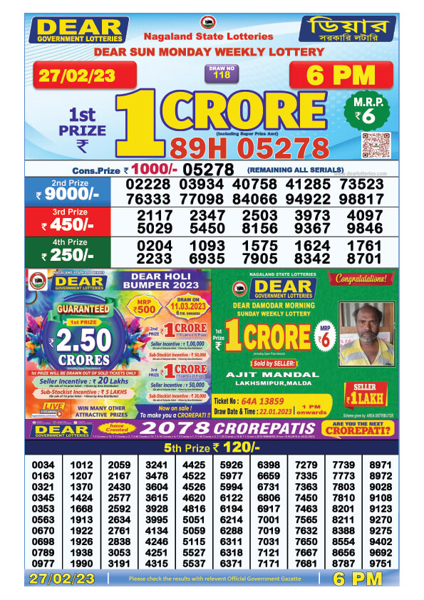 Dear Day Lottery Sambad Result Today 27 February 6pm
