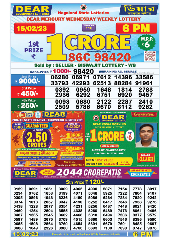 Dear Evening Lottery Sambad Result Today 15 February 6pm