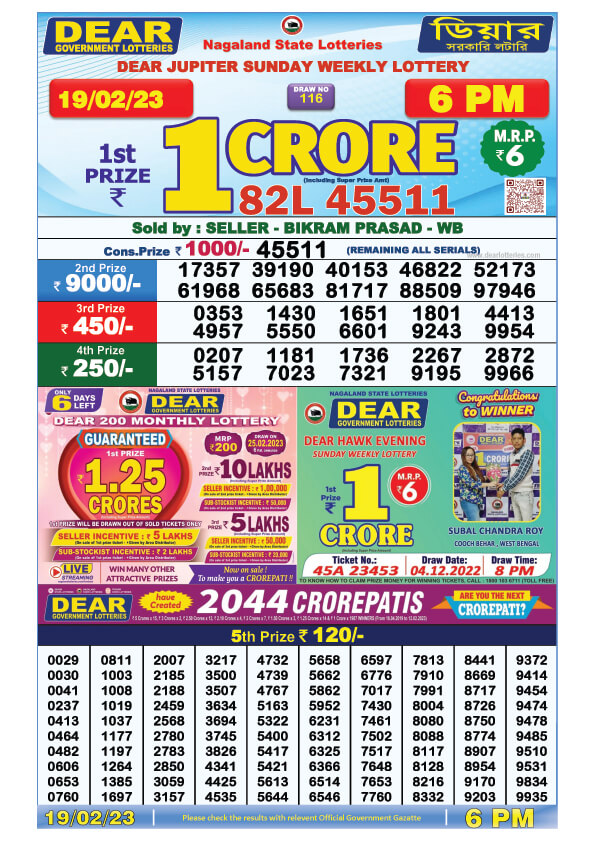 Dear Evening Lottery Sambad Result Today 19 February 6pm